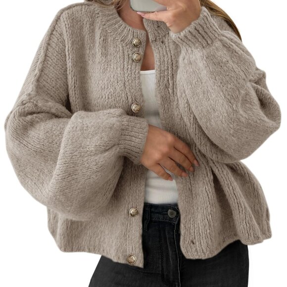 Oversized Button Up Cardigan Chunky Knit Lantern Sleeve Soft Fall Sweater Coat